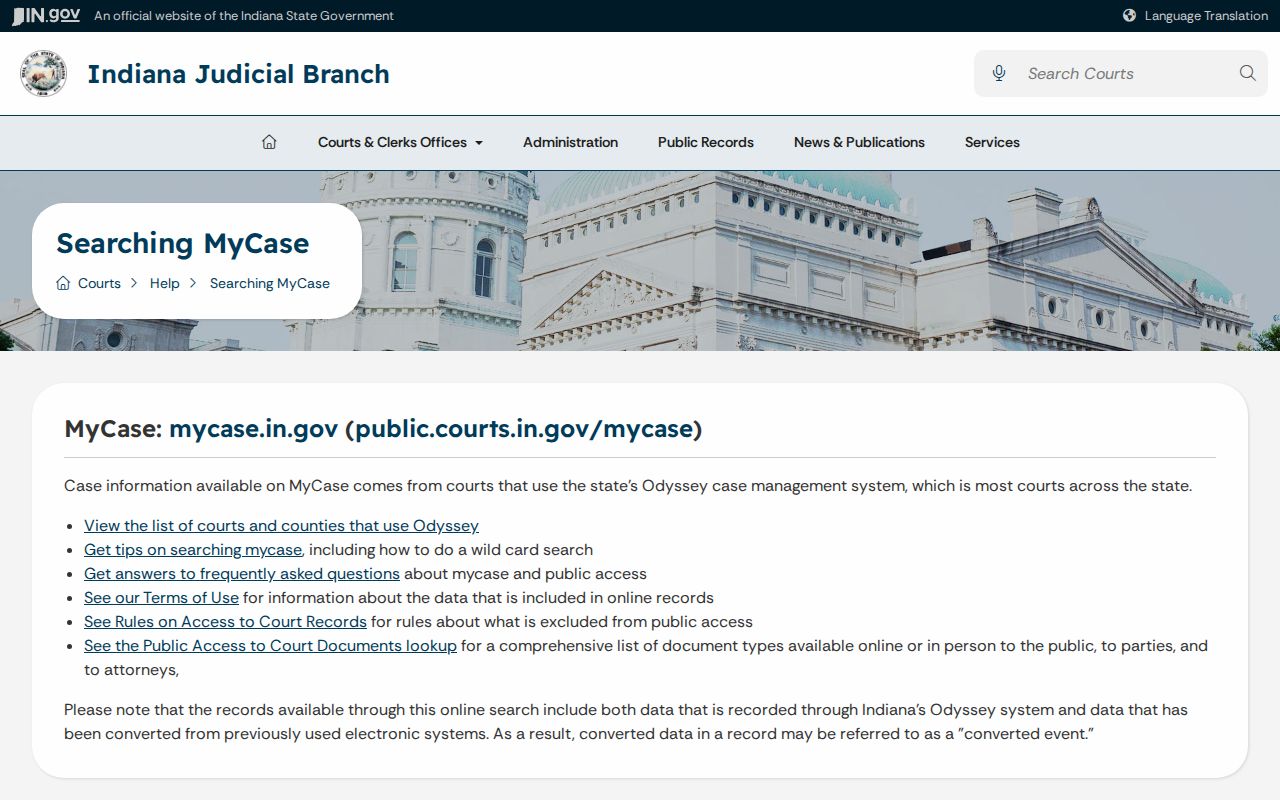 Indiana guidance on MyCase search and document limitations