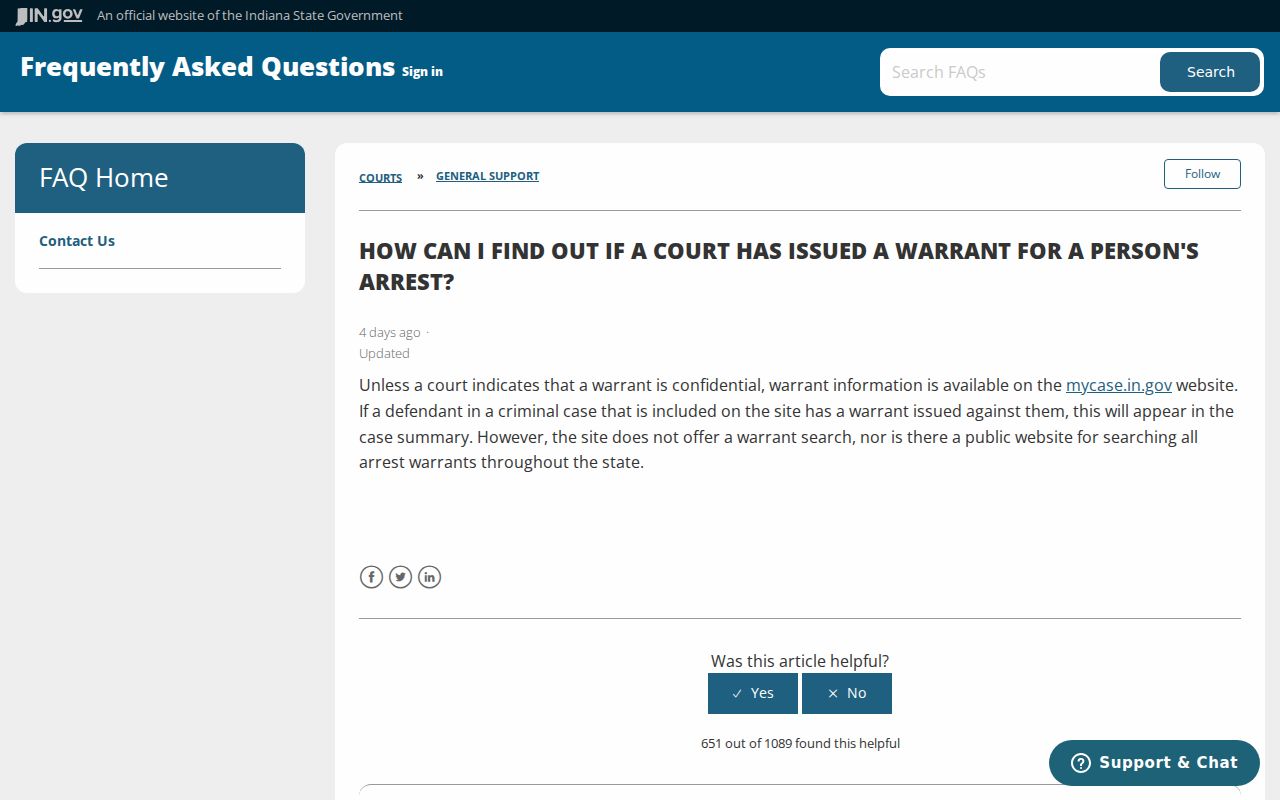 Indiana judiciary notice explaining the lack of a statewide warrant search